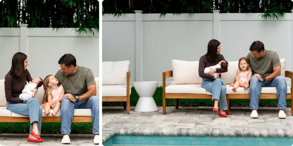 Family of four with newborn and toddler photographed poolside during an in-home newborn session in Crescent Heights, St. Petersburg